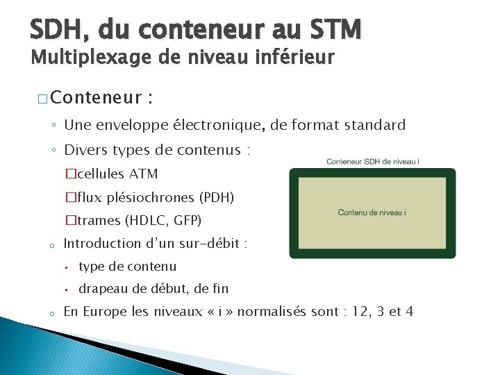 SDH, du conteneur au STM Multiplexage de niveau inférieur � Conteneur : ◦ Une
