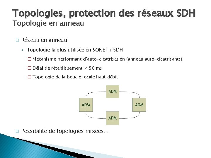 Topologies, protection des réseaux SDH Topologie en anneau � Réseau en anneau ◦ Topologie