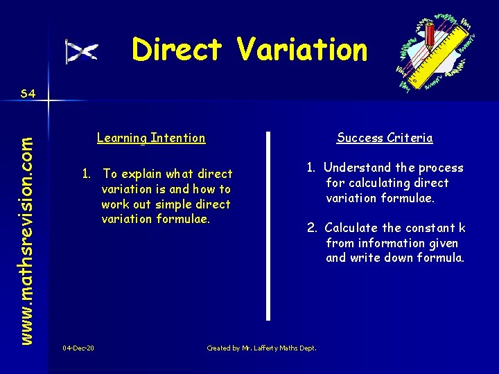 Direct Variation www. mathsrevision. com S 4 Learning Intention Success Criteria 1. To explain