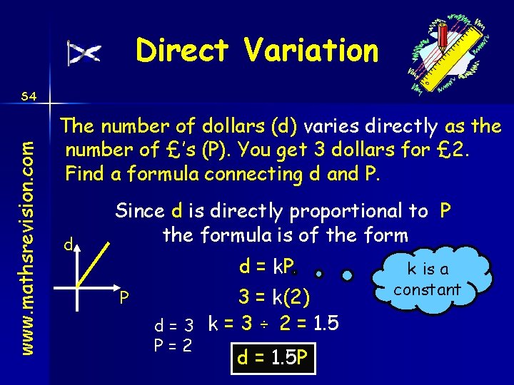 Direct Variation www. mathsrevision. com S 4 The number of dollars (d) varies directly