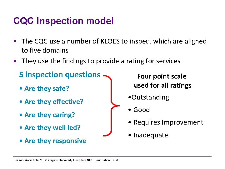 CQC Inspection model • The CQC use a number of KLOES to inspect which