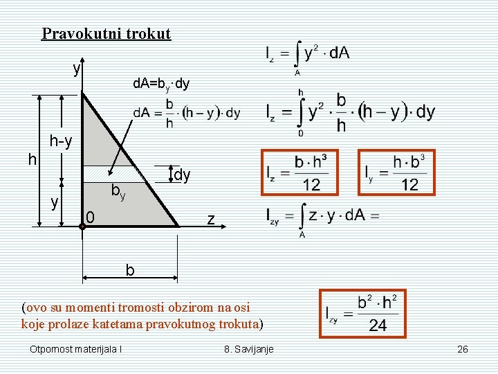 Pravokutni trokut y d. A=by·dy h-y h y by 0 dy z b (ovo