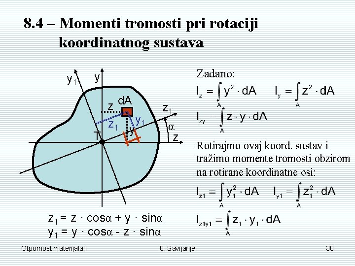 8. 4 – Momenti tromosti pri rotaciji koordinatnog sustava y 1 Zadano: y T