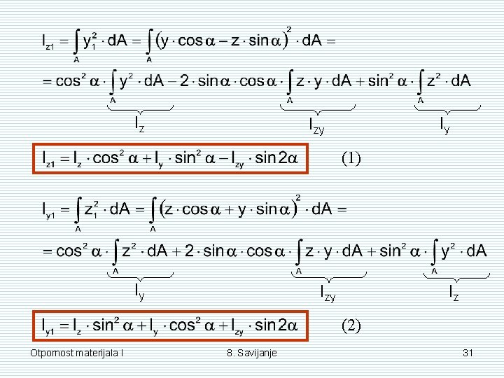 Iz Iy Izy (1) Iy Iz (2) Otpornost materijala I 8. Savijanje 31 