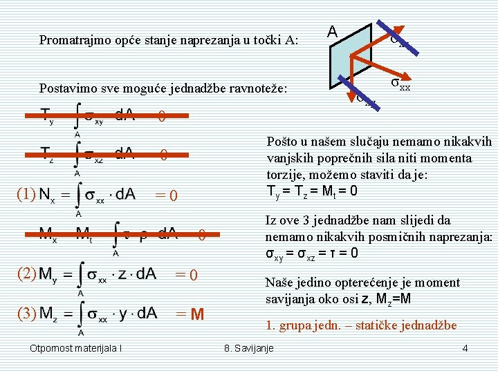 Promatrajmo opće stanje naprezanja u točki A: Postavimo sve moguće jednadžbe ravnoteže: =0 =0