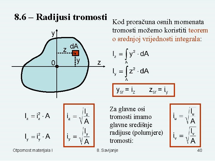 8. 6 – Radijusi tromosti y 0 z d. A y Kod proračuna osnih