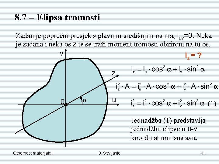 8. 7 – Elipsa tromosti Zadan je poprečni presjek s glavnim središnjim osima, Iuv=0.