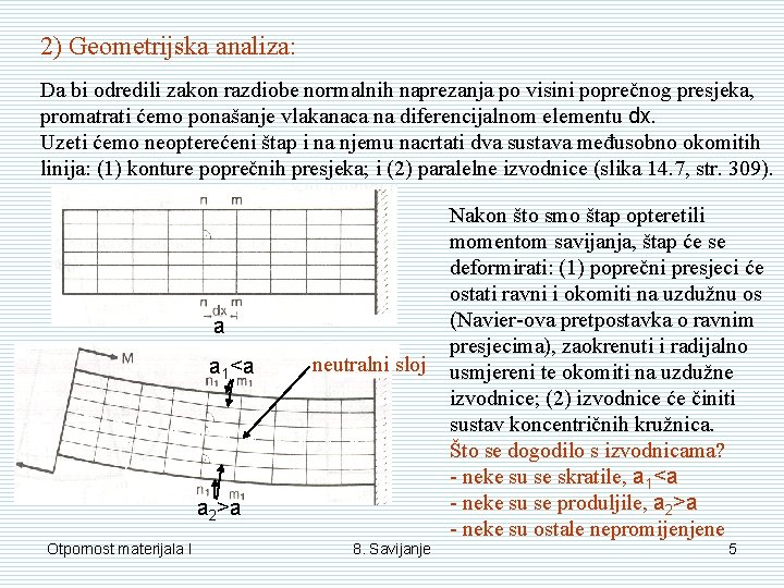 2) Geometrijska analiza: Da bi odredili zakon razdiobe normalnih naprezanja po visini poprečnog presjeka,