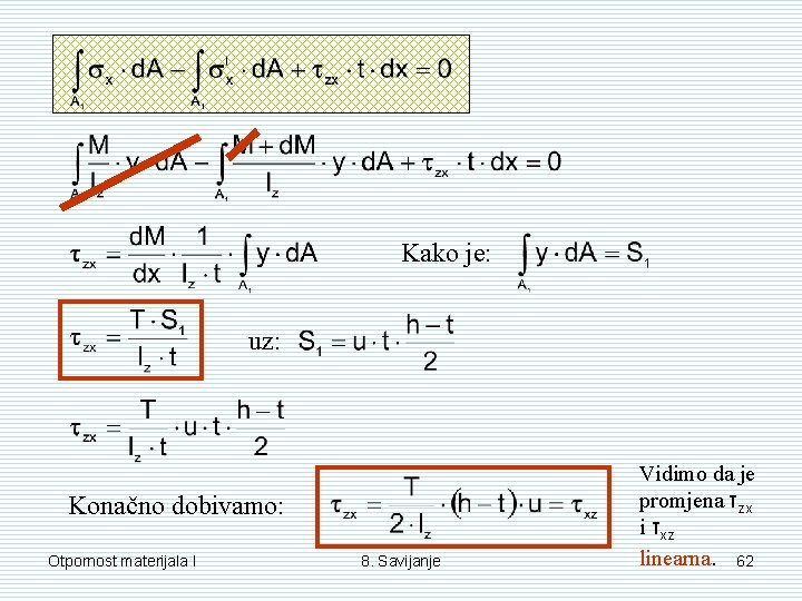 Kako je: uz: Konačno dobivamo: Otpornost materijala I 8. Savijanje Vidimo da je promjena