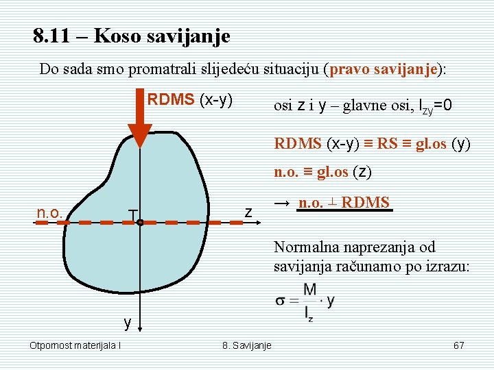 8. 11 – Koso savijanje Do sada smo promatrali slijedeću situaciju (pravo savijanje): RDMS