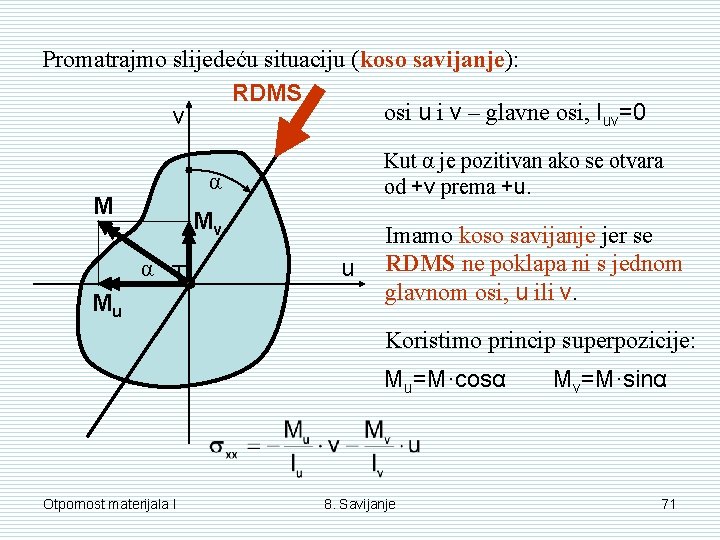 Promatrajmo slijedeću situaciju (koso savijanje): RDMS osi u i v – glavne osi, Iuv=0