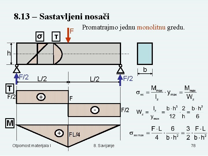 8. 13 – Sastavljeni nosači σ τ F Promatrajmo jednu monolitnu gredu. h F/2