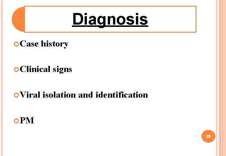 Diagnosis Case history Clinical Viral signs isolation and identification PM 25 Diagnosis Case history Clinical Viral signs isolation and identification PM 25