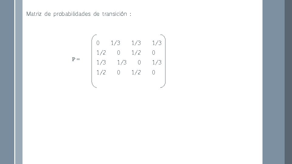 Matriz de probabilidades de transición : 0 P= 1/3 1/3 1/2 0 0 1/2