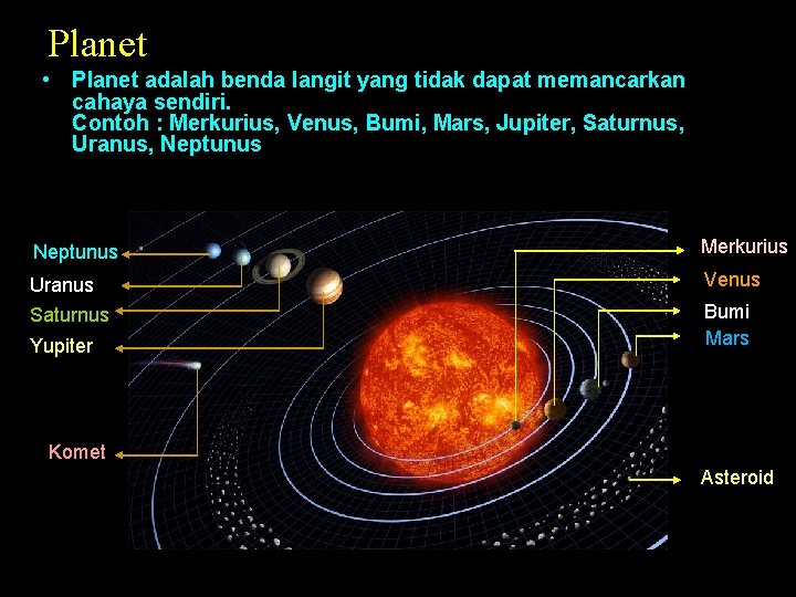 Planet • Planet adalah benda langit yang tidak dapat memancarkan cahaya sendiri. Contoh :