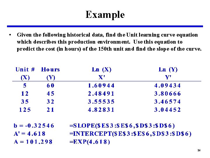 Example • Given the following historical data, find the Unit learning curve equation which