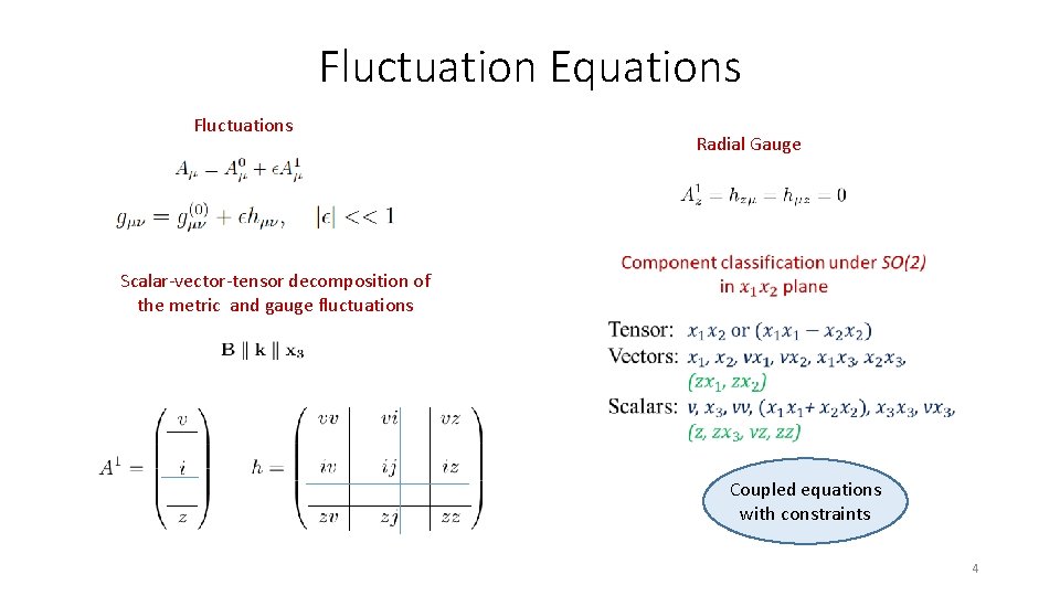 Fluctuation Equations Fluctuations Scalar-vector-tensor decomposition of the metric and gauge fluctuations Radial Gauge Coupled