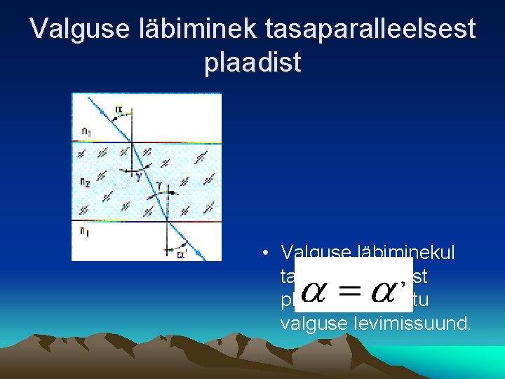 Valguse läbiminek tasaparalleelsest plaadist • Valguse läbiminekul tasaparalleelsest plaadist ei muutu valguse levimissuund. 