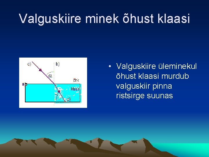 Valguskiire minek õhust klaasi • Valguskiire üleminekul õhust klaasi murdub valguskiir pinna ristsirge suunas