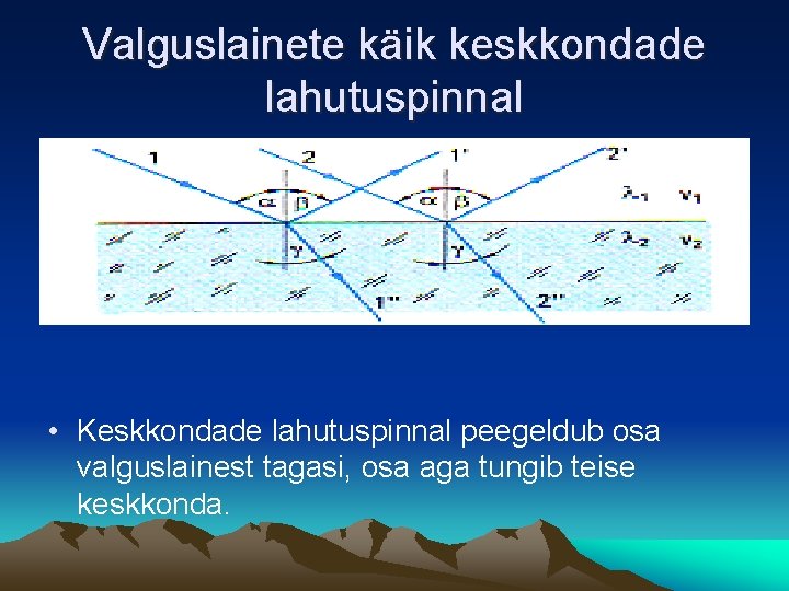 Valguslainete käik keskkondade lahutuspinnal • Keskkondade lahutuspinnal peegeldub osa valguslainest tagasi, osa aga tungib