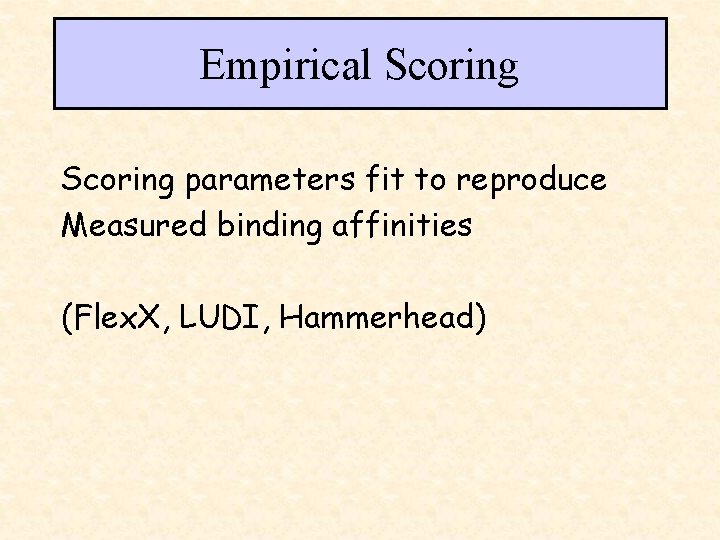 Empirical Scoring parameters fit to reproduce Measured binding affinities (Flex. X, LUDI, Hammerhead) 