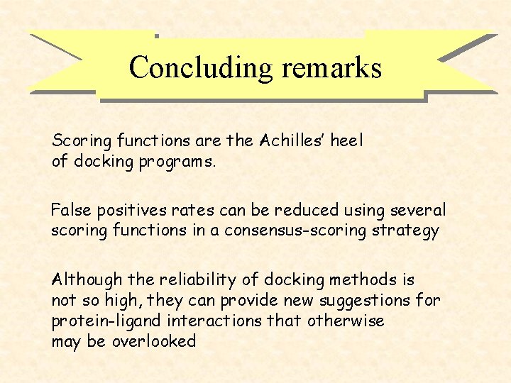 Concluding remarks Scoring functions are the Achilles’ heel of docking programs. False positives rates