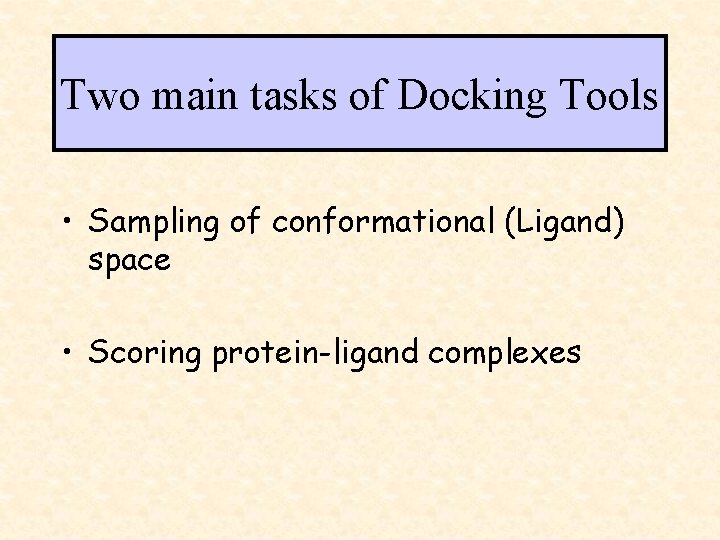 Two main tasks of Docking Tools • Sampling of conformational (Ligand) space • Scoring