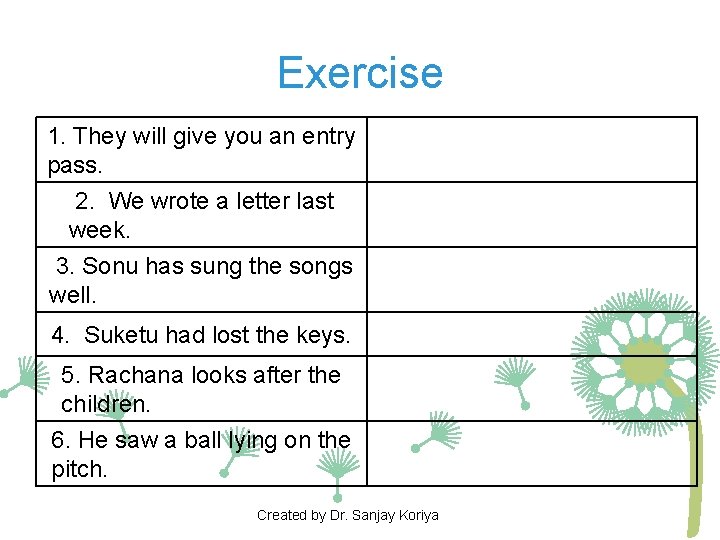 Exercise 1. They will give you an entry pass. 2. We wrote a letter Exercise 1. They will give you an entry pass. 2. We wrote a letter
