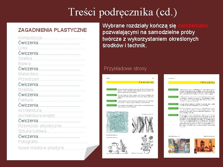 Treści podręcznika (cd. ) ZAGADNIENIA PLASTYCZNE Kompozycja. . . . . Ćwiczenia. . .