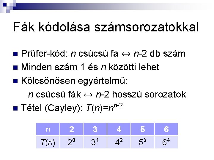 Fák kódolása számsorozatokkal Prüfer-kód: n csúcsú fa ↔ n-2 db szám n Minden szám