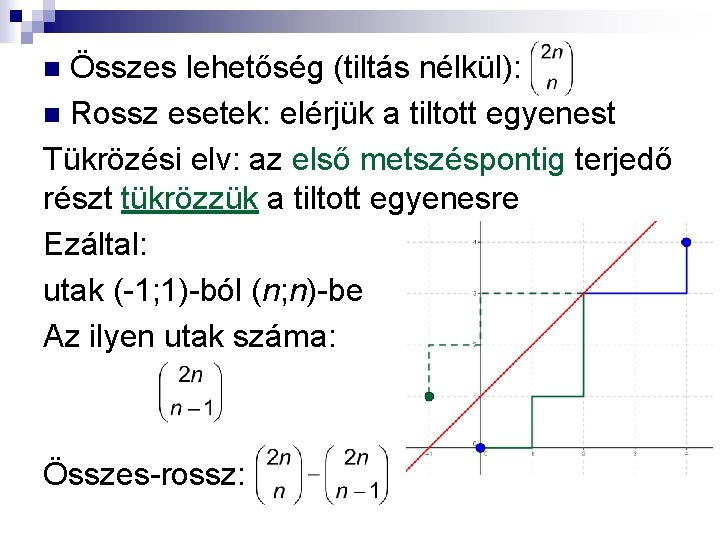 Összes lehetőség (tiltás nélkül): n Rossz esetek: elérjük a tiltott egyenest Tükrözési elv: az