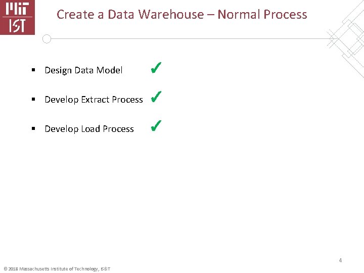 Create a Data Warehouse – Normal Process § Design Data Model ✓ § Develop