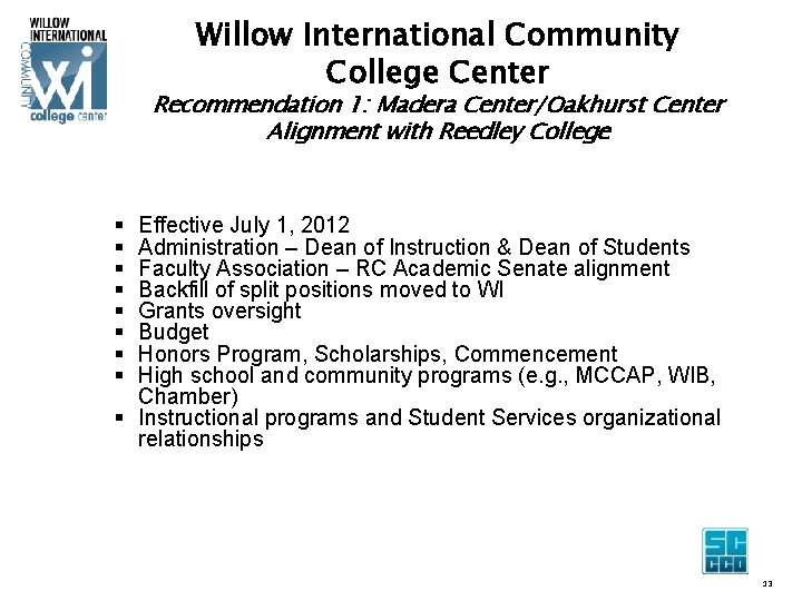 Willow International Community College Center Recommendation 1: Madera Center/Oakhurst Center Alignment with Reedley College