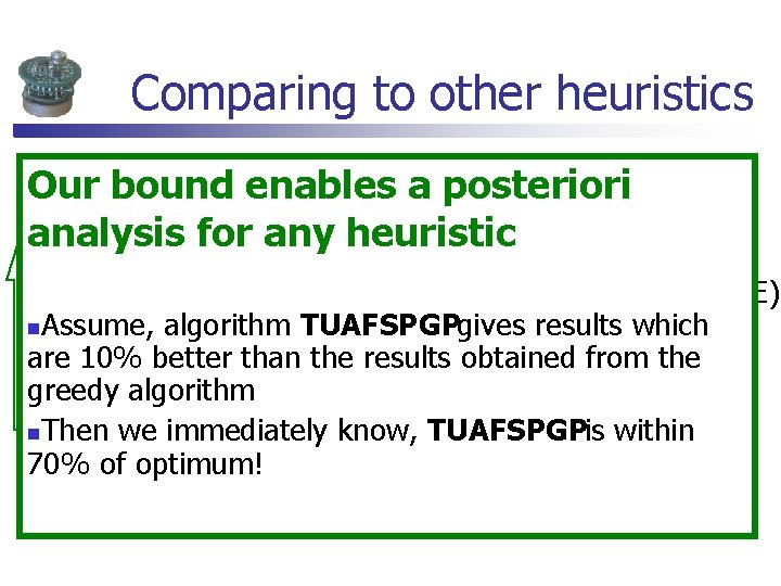 Comparing to other heuristics Greedy Our bound enables a posteriori Algorithm we analyze analysis Comparing to other heuristics Greedy Our bound enables a posteriori Algorithm we analyze analysis