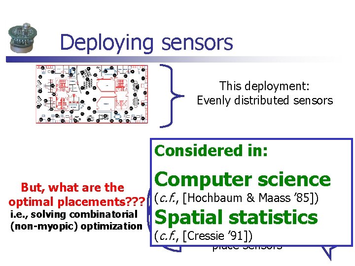 Deploying sensors This deployment: Evenly distributed sensors Chicken-and-Egg Considered in: problem: No data or Deploying sensors This deployment: Evenly distributed sensors Chicken-and-Egg Considered in: problem: No data or