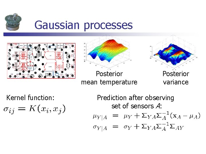 Gaussian processes Posterior mean temperature Kernel function: Posterior variance Prediction after observing set of Gaussian processes Posterior mean temperature Kernel function: Posterior variance Prediction after observing set of