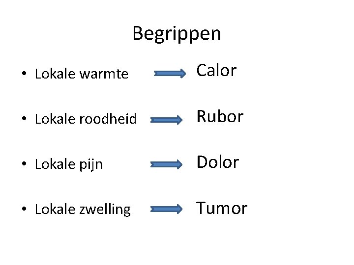 Begrippen • Lokale warmte Calor • Lokale roodheid Rubor • Lokale pijn • Lokale