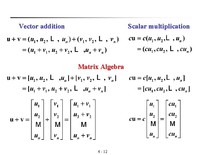 Vector addition Scalar multiplication Matrix Algebra 4 - 12 