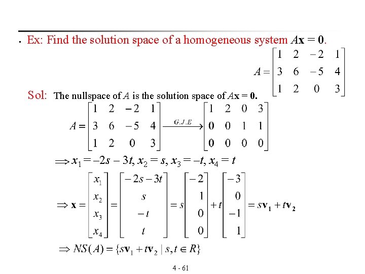 § Ex: Find the solution space of a homogeneous system Ax = 0. Sol: