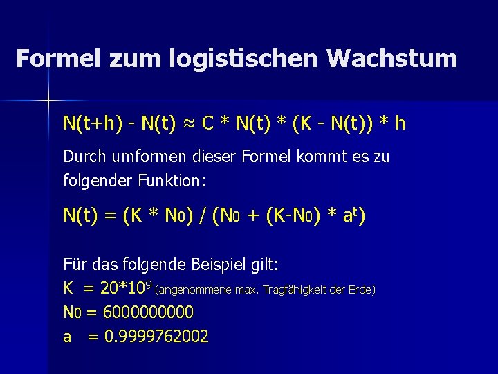 Formel zum logistischen Wachstum N(t+h) - N(t) ≈ C * N(t) * (K -