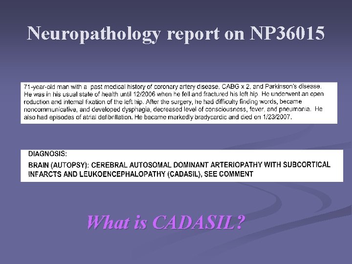 Neuropathology report on NP 36015 What is CADASIL? 