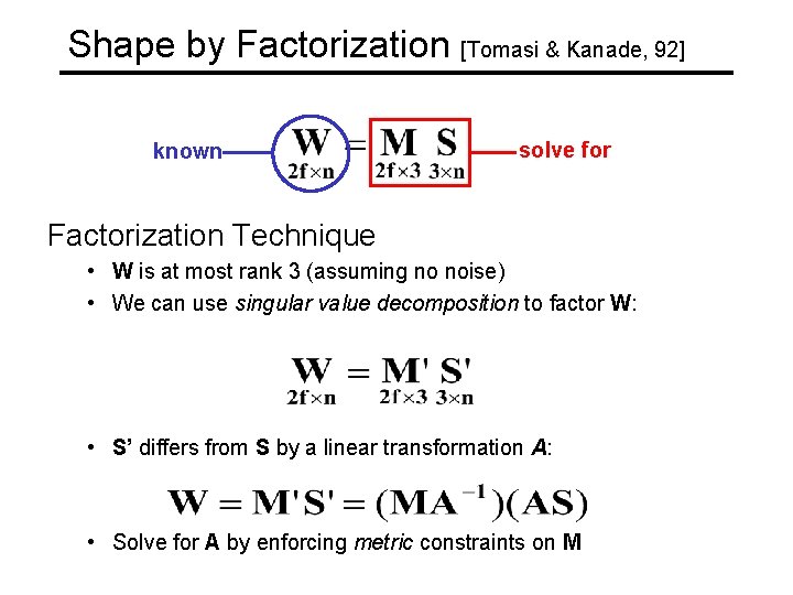 Shape by Factorization [Tomasi & Kanade, 92] known solve for Factorization Technique • W