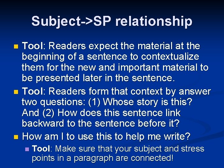 Subject->SP relationship Tool: Readers expect the material at the beginning of a sentence to Subject->SP relationship Tool: Readers expect the material at the beginning of a sentence to