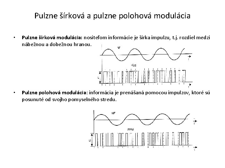 Pulzne šírková a pulzne polohová modulácia • Pulzne šírková modulácia: nositeľom informácie je šírka