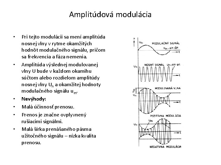 Amplitúdová modulácia • • • Pri tejto modulácii sa mení amplitúda nosnej vlny v