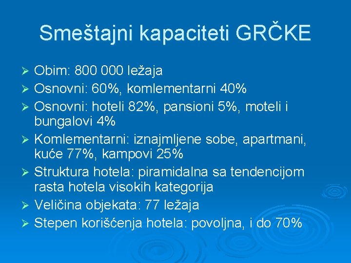 Smeštajni kapaciteti GRČKE Obim: 800 000 ležaja Ø Osnovni: 60%, komlementarni 40% Ø Osnovni: