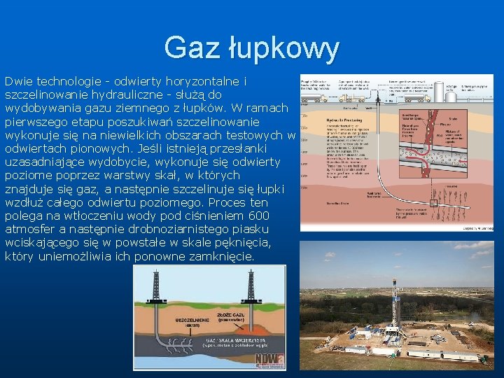 Gaz łupkowy Dwie technologie - odwierty horyzontalne i szczelinowanie hydrauliczne - służą do wydobywania