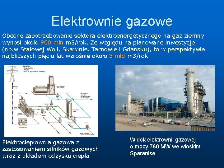 Elektrownie gazowe Obecne zapotrzebowanie sektora elektroenergetycznego na gaz ziemny wynosi około 900 mln m