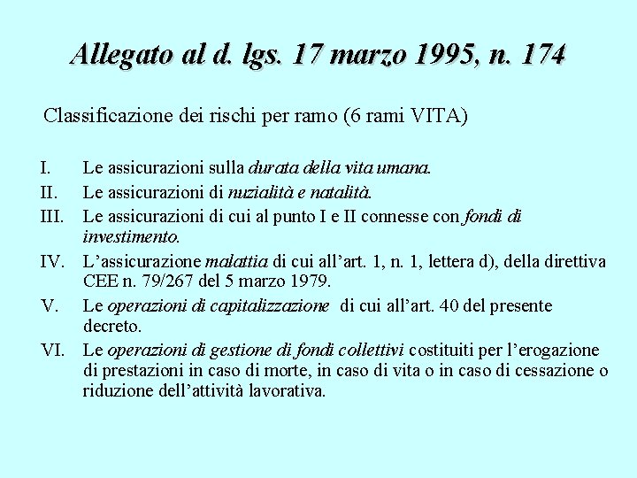 Allegato al d. lgs. 17 marzo 1995, n. 174 Classificazione dei rischi per ramo