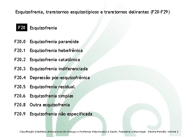 Esquizofrenia, transtornos esquizotípicos e transtornos delirantes (F 20 -F 29) F 20 Esquizofrenia F